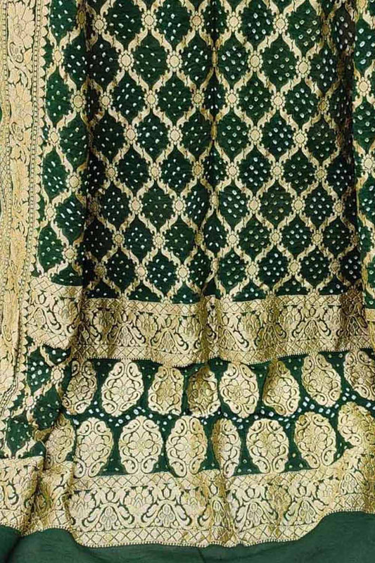 Green Banarasi Bandhani Handloom Pure Georgette Dupatta - Luxurion World