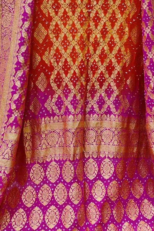 Red And Pink Banarasi Bandhani Handloom Pure Georgette Dupatta - Luxurion World