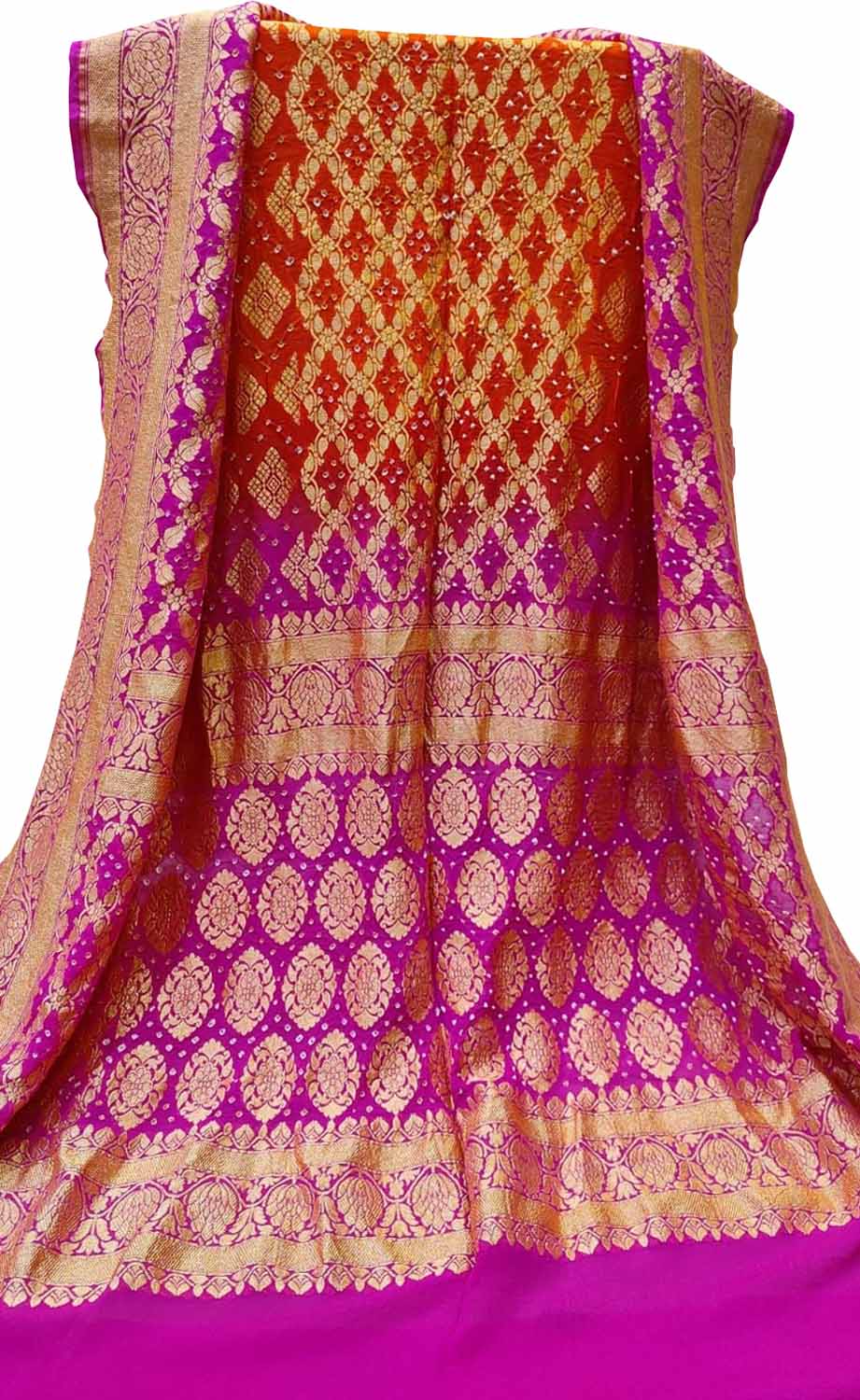 Red And Pink Banarasi Bandhani Handloom Pure Georgette Dupatta - Luxurion World
