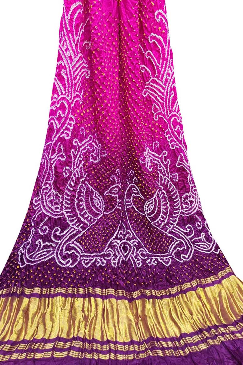Pink And Purple Bandhani Pure Gajji Silk Peacock Design Dupatta
