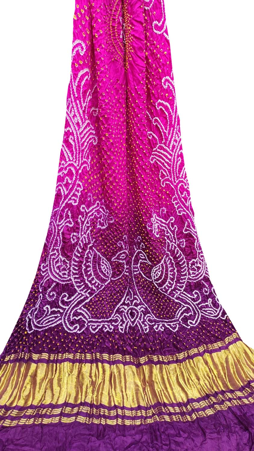 Pink And Purple Bandhani Pure Gajji Silk Peacock Design Dupatta - Luxurion World