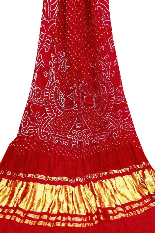 Red Bandhani Pure Gajji Silk Peacock Design Dupatta - Luxurion World
