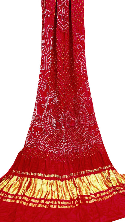 Red Bandhani Pure Gajji Silk Peacock Design Dupatta - Luxurion World