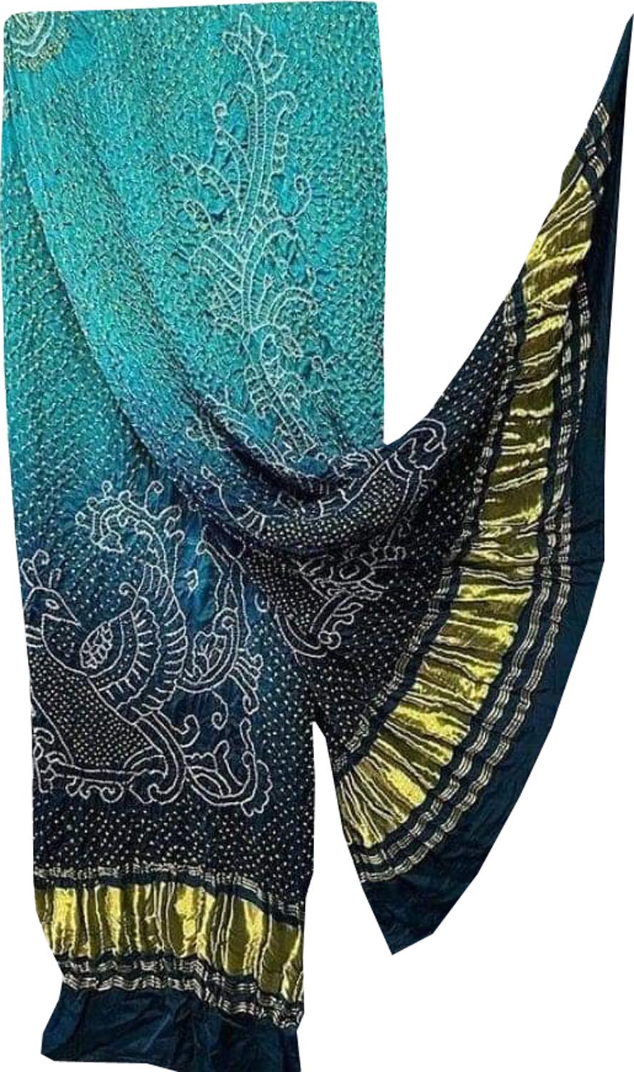 Blue Bandhani Pure Gajji Silk Peacock Design Dupatta - Luxurion World