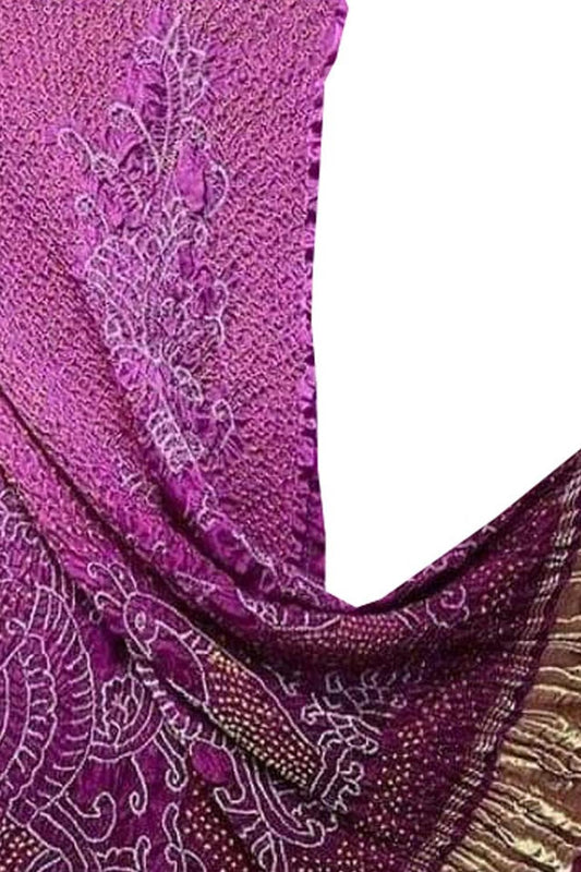 Pink And Purple Bandhani Pure Gajji Silk Peacock Design Dupatta - Luxurion World