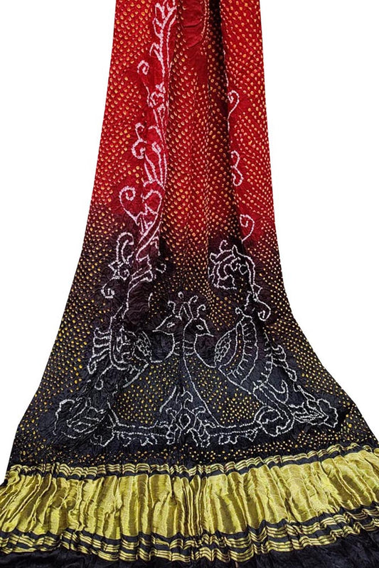 Red And Black Bandhani Pure Gajji Silk Peacock Design Dupatta