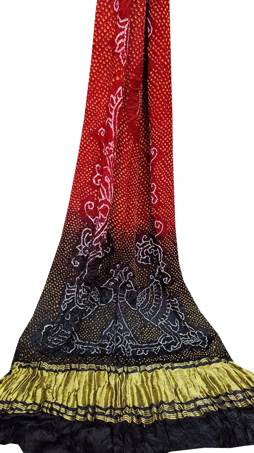 Red And Black Bandhani Pure Gajji Silk Peacock Design Dupatta - Luxurion World
