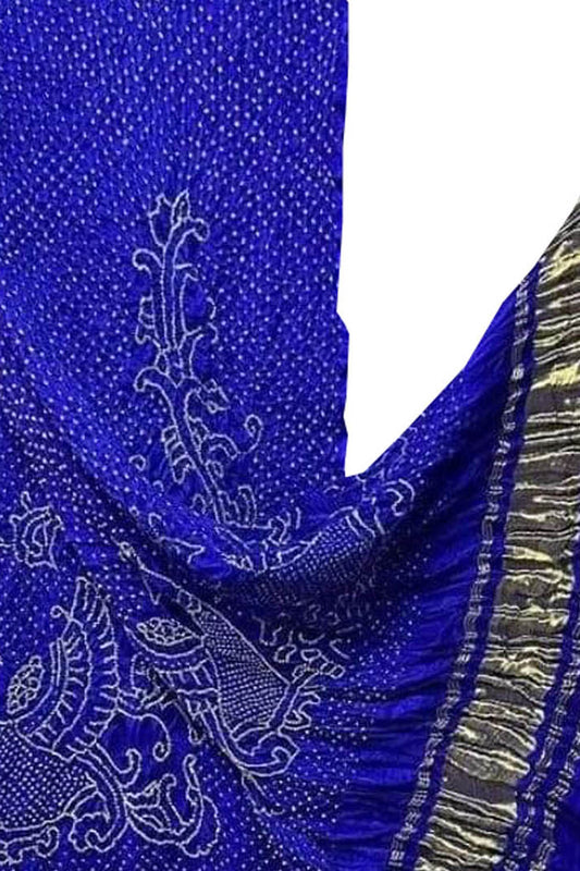 Blue Bandhani Pure Gajji Silk Peacock Design Dupatta - Luxurion World