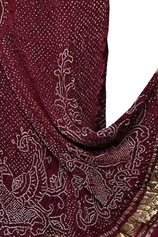 Maroon Bandhani Pure Gajji Silk Peacock Design Dupatta - Luxurion World