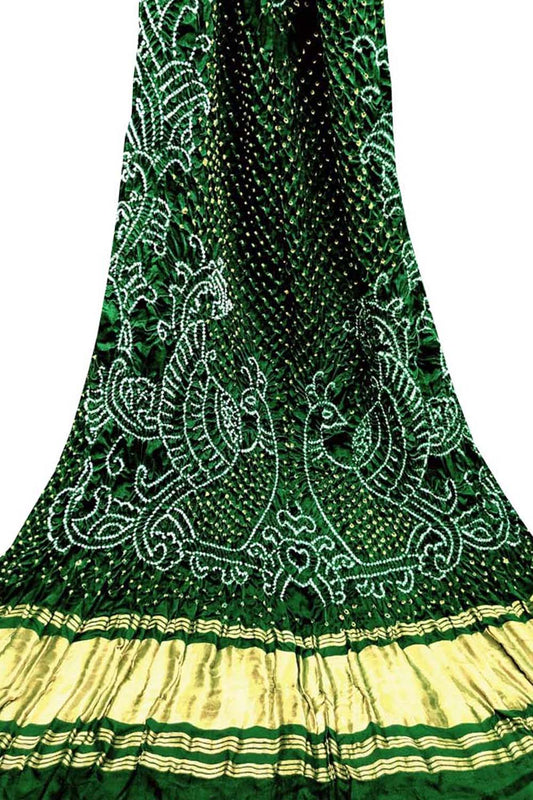 Green Bandhani Pure Gajji Silk Peacock Design Dupatta - Luxurion World