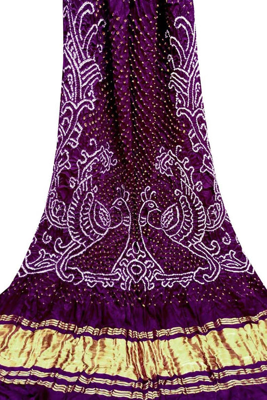 Purple Bandhani Pure Gajji Silk Peacock Design Dupatta - Luxurion World