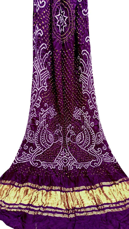 Purple Bandhani Pure Gajji Silk Peacock Design Dupatta - Luxurion World