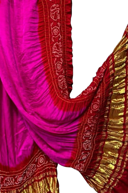 Pink And Red Bandhani Pure Gajji Silk Dupatta - Luxurion World