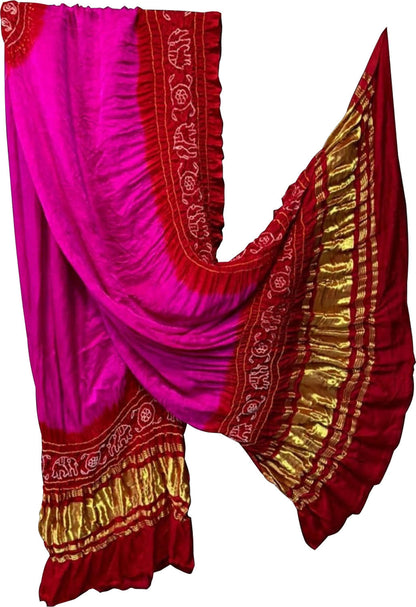 Pink And Red Bandhani Pure Gajji Silk Dupatta - Luxurion World