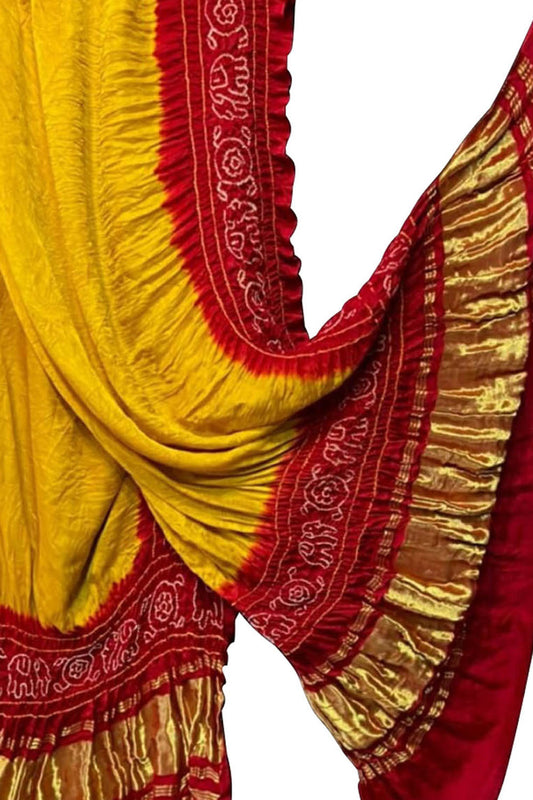 Yellow And Red Bandhani Pure Gajji Silk Dupatta - Luxurion World