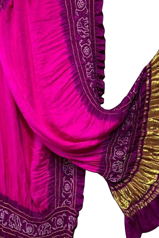 Pink And Purple Bandhani Pure Gajji Silk Dupatta - Luxurion World