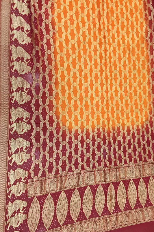 Orange And Maroon Banarasi Bandhani Pure Georgette Dupatta - Luxurion World