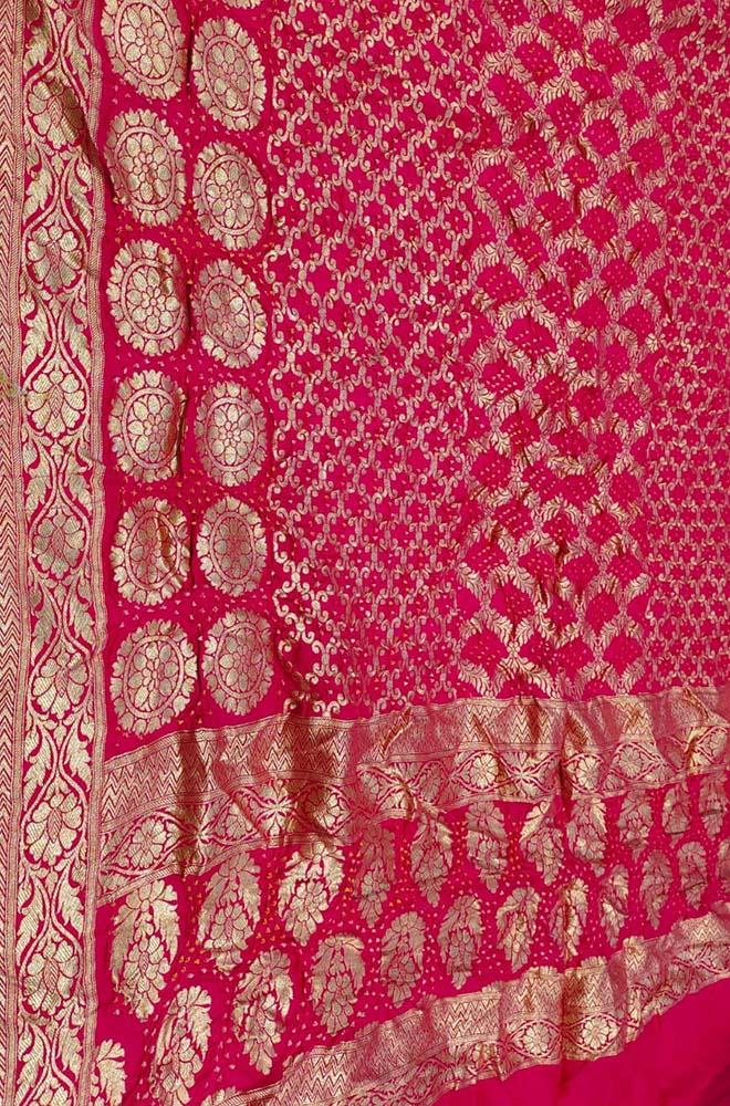 Pink Banarasi Bandhani Pure Moonga Silk Dupatta - Luxurion World
