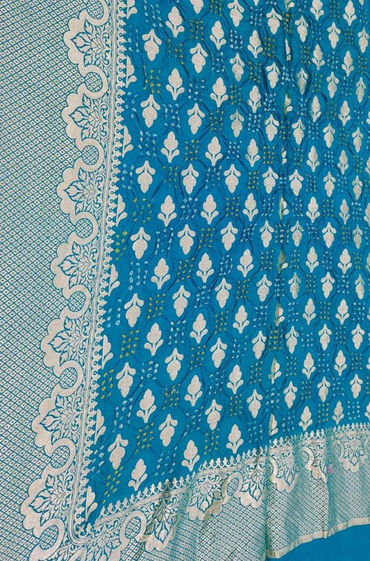 Blue Banarasi Bandhani Pure Moonga Silk Dupatta - Luxurion World