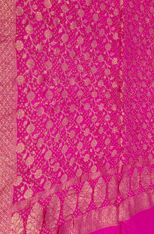 Pink Banarasi Bandhani Pure Moonga Silk Dupatta - Luxurion World