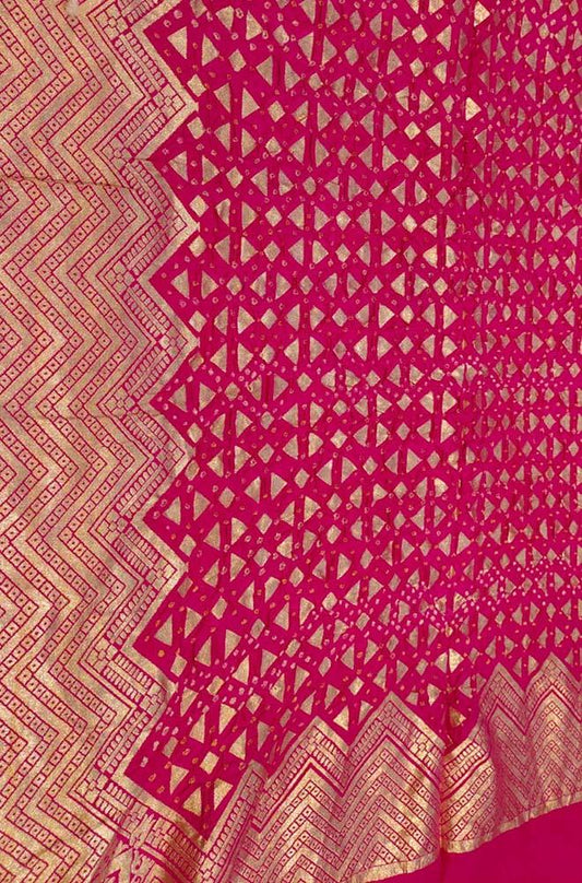 Pink Banarasi Bandhani Pure Moonga Silk Dupatta - Luxurion World