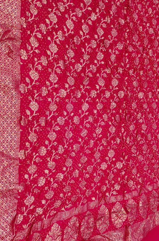 Pink Banarasi Bandhani Pure Moonga Silk Dupatta - Luxurion World