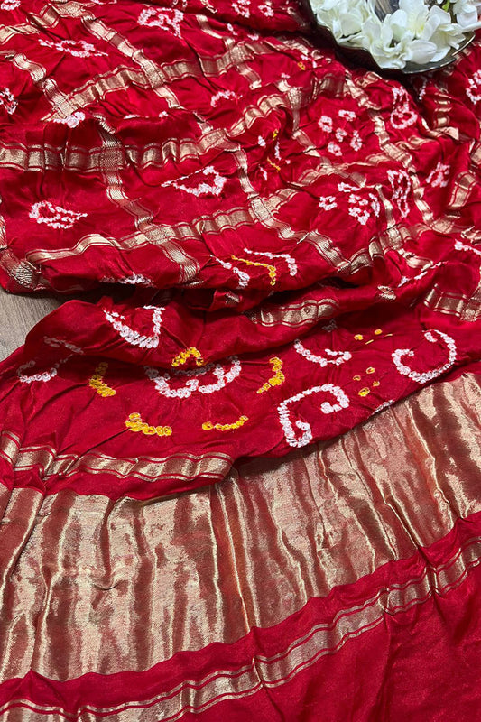 Vibrant Red Bandhani Gajji Silk Dupatta - Pure Elegance - Luxurion World