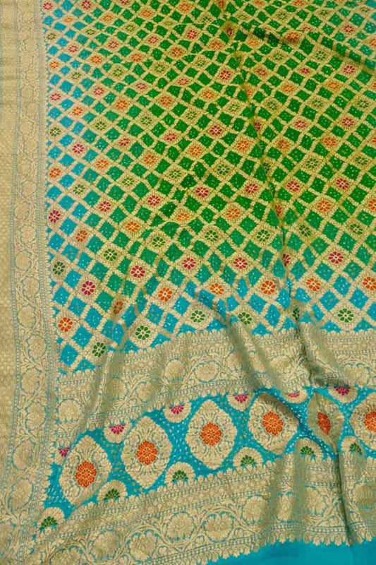 Exquisite Green & Blue Banarasi Bandhani Meenakari Pure Georgette Dupatta