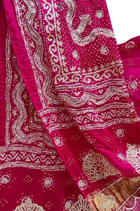 Pink Bandhani Gota Work Pure Gajji Silk Dupatta - Luxurion World