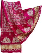 Pink Bandhani Gota Work Pure Gajji Silk Dupatta - Luxurion World