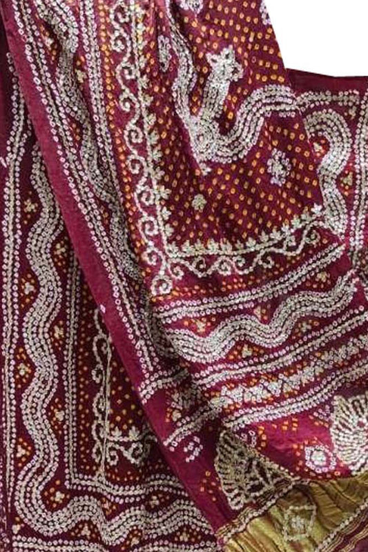 Maroon Bandhani Gota Work Pure Gajji Silk Dupatta - Luxurion World