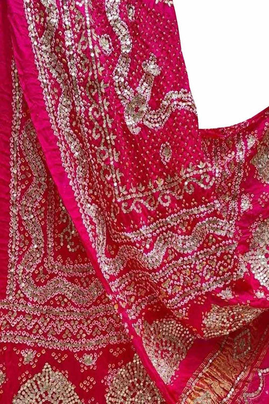 Pink Bandhani Gota Work Pure Gajji Silk Dupatta - Luxurion World