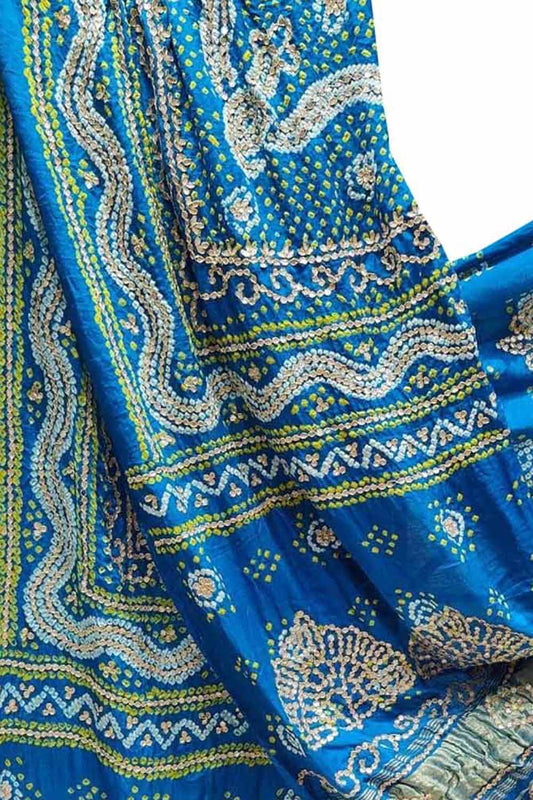 Blue Bandhani Gota Work Pure Gajji Silk Dupatta - Luxurion World