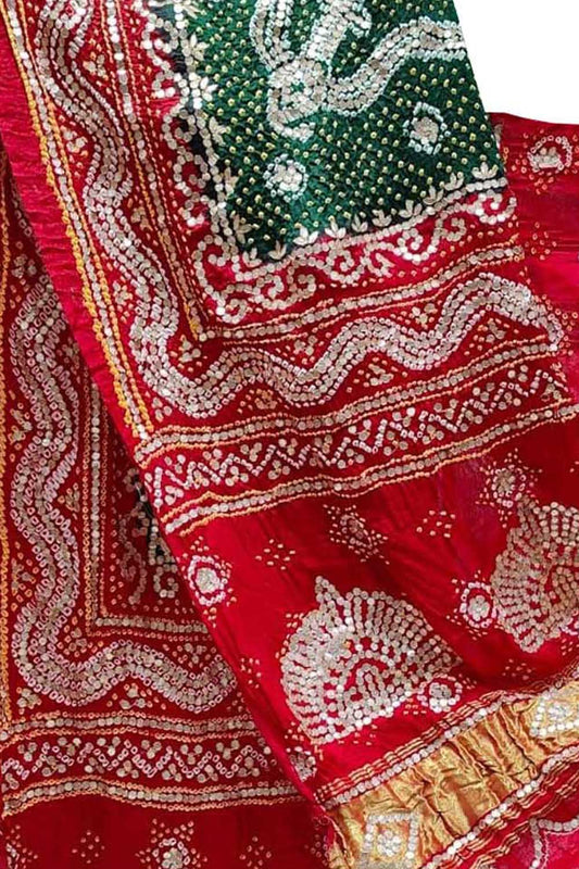 Green And Red Bandhani Gota Work Pure Gajji Silk Dupatta - Luxurion World