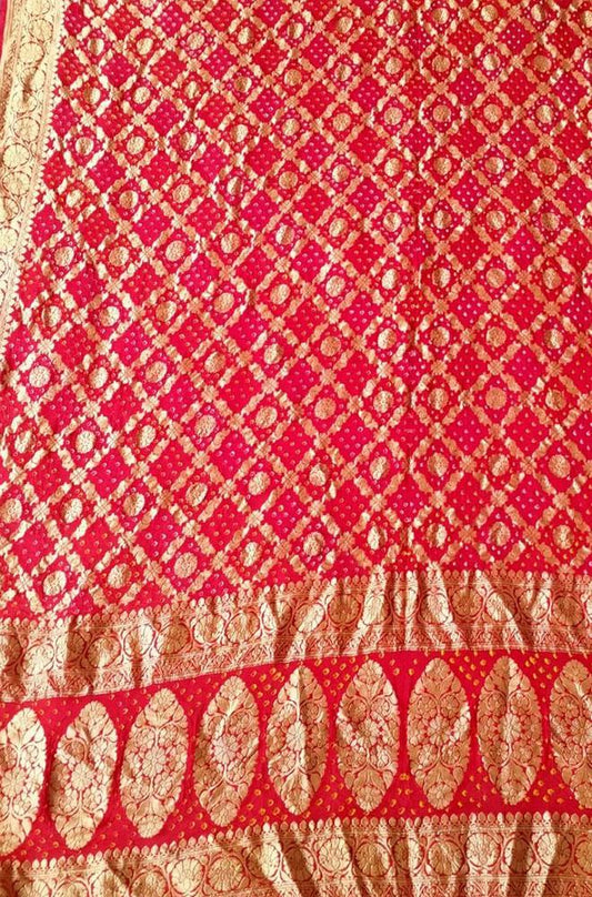 Red Banarasi Bandhani Pure Georgette Neemzari Dupatta - Luxurion World