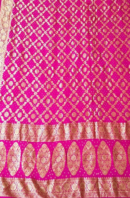 Pink Banarasi Bandhani Pure Georgette Neemzari Dupatta - Luxurion World
