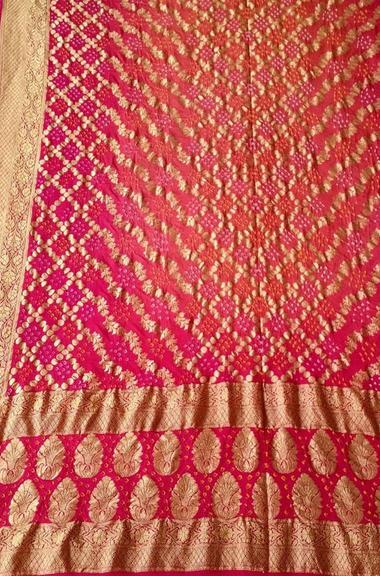 Red And Orange Shot Banarasi Bandhani Pure Georgette Neemzari Dupatta - Luxurion World