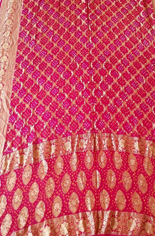 Pink Banarasi Bandhani Pure Georgette Neemzari Dupatta - Luxurion World