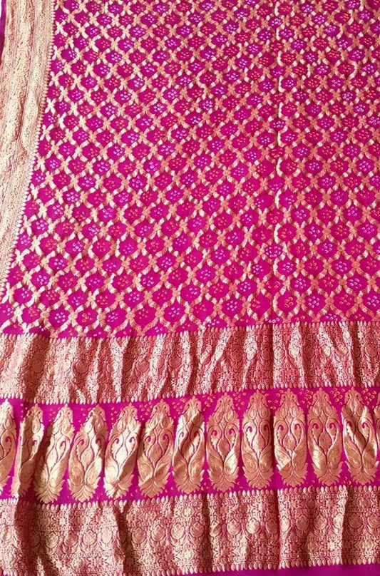 Purple Banarasi Bandhani Pure Georgette Neemzari Dupatta - Luxurion World