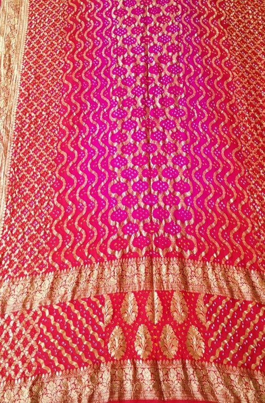 Red Banarasi Bandhani Pure Georgette Neemzari Dupatta - Luxurion World