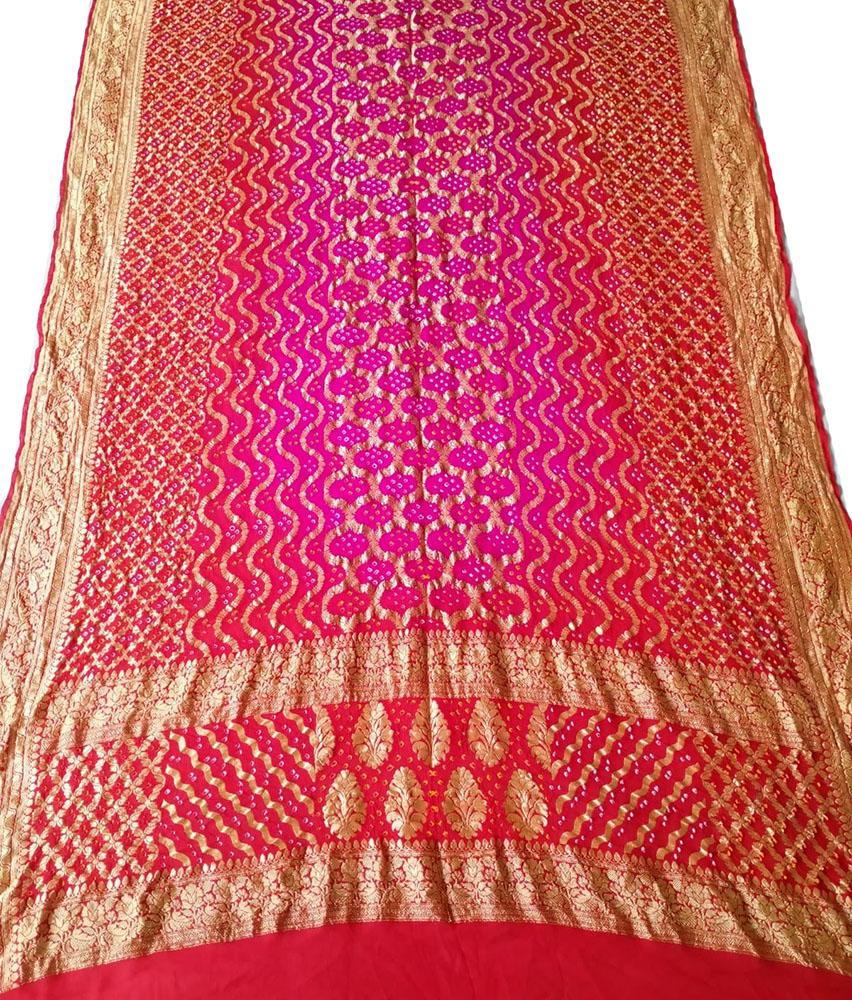Red Banarasi Bandhani Pure Georgette Neemzari Dupatta - Luxurion World