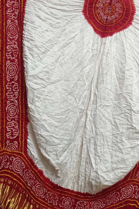 Off White Bandhani Hand Bandhej Pure Gajji Silk Dupatta - Luxurion World
