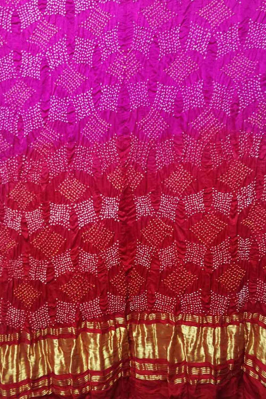 Pink And Red Bandhani Hand Bandhej Pure Gajji Silk Dupatta - Luxurion World