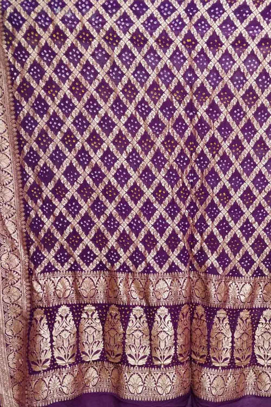 Purple Banarasi Bandhani Pure Georgette Dupatta - Luxurion World