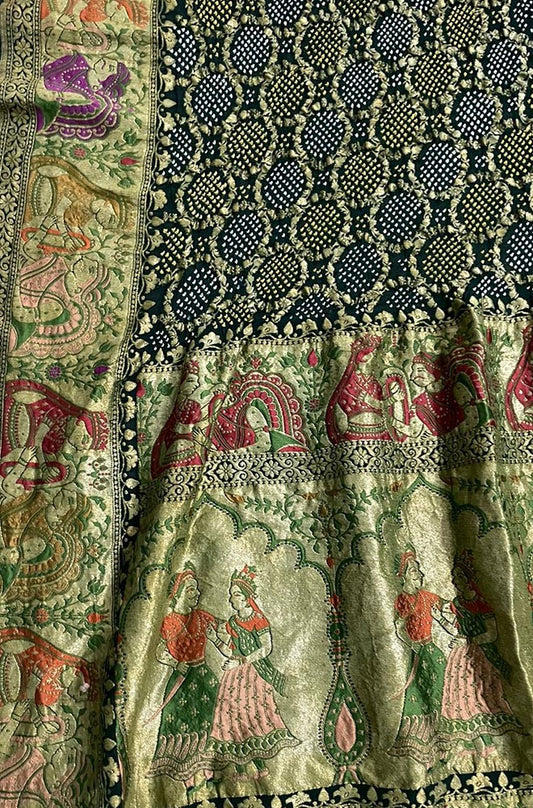Green Banarasi Bandhani Pure Georgette Meenakari Dupatta - Luxurion World