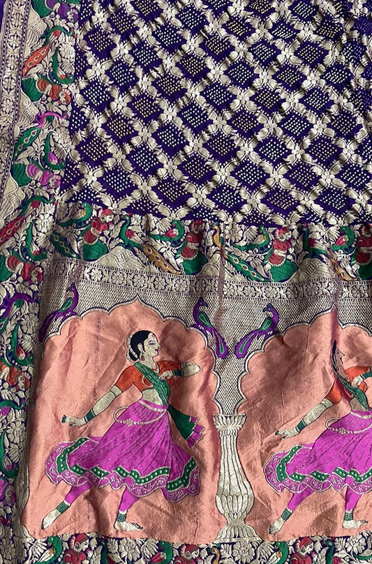 Purple Banarasi Bandhani Pure Georgette Meenakari Dupatta - Luxurion World