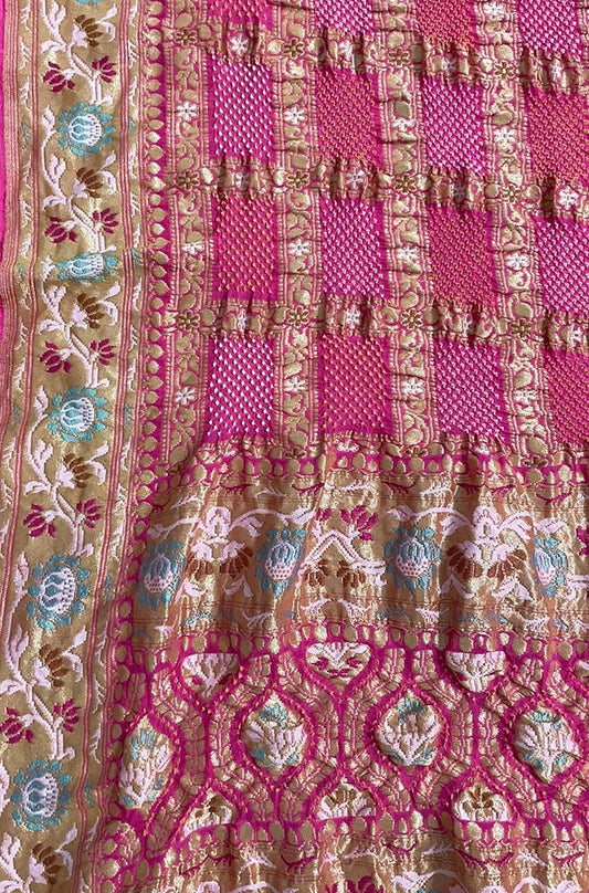 Pink Banarasi Bandhani Pure Georgette Meenakari Dupatta - Luxurion World