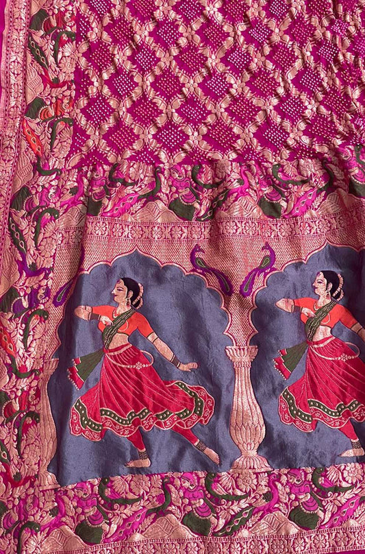 Pink Banarasi Bandhani Pure Georgette Meenakari Dupatta - Luxurion World