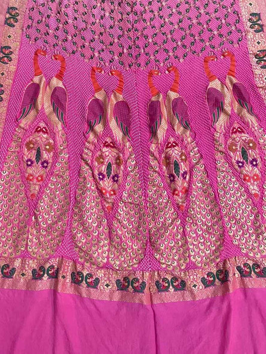 Pink Banarasi Bandhani Handloom Pure Georgette Dupatta - Luxurion World