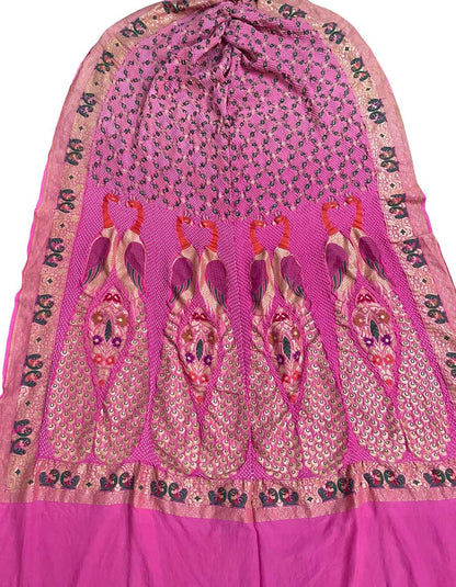 Pink Banarasi Bandhani Handloom Pure Georgette Dupatta - Luxurion World